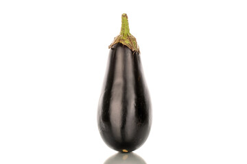 One ripe eggplant, macro, isolated on white background.
