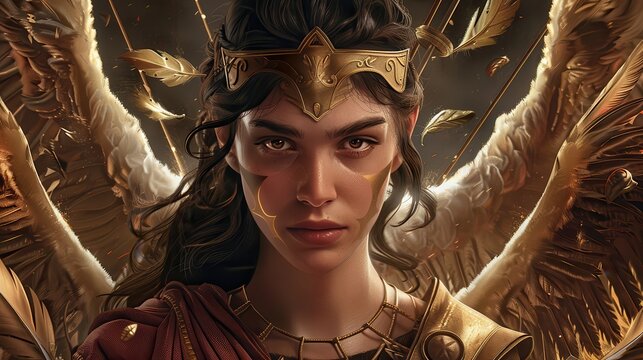 A fierce warrior queen exudes strength and grace amidst a breathtaking mythical background filled with golden accents