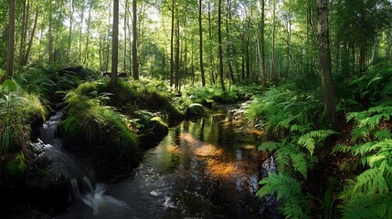 Obraz premium Crystal clear brook winds through verdant woods, cascading over smooth rocks