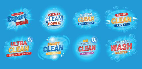 Detergent badge laundry cleaning service liquid soap ultra wash design template set isometric vector