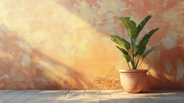 A terracotta pot with a green leafy plant against a textured orange wall