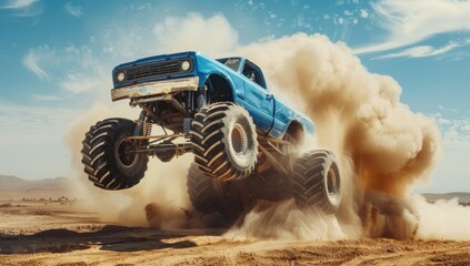 Blue Monster Truck Launching into the Air