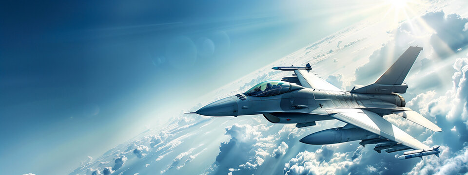Fighter jet F-16 soaring above the clouds with sunbeams piercing through the sky. Concepts of aviation, military power, and high-altitude flight.