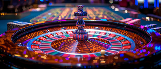 A close-up view of a spinning roulette wheel in a casino. The ball is in motion as the wheel spins