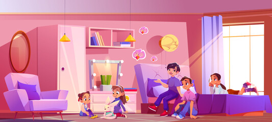 Children play and teenagers have conversation in kids bedroom interior with pink girly color. Cartoon vector illustration of boys and girls in home rest room with bed and armchair, cupboard and mirror