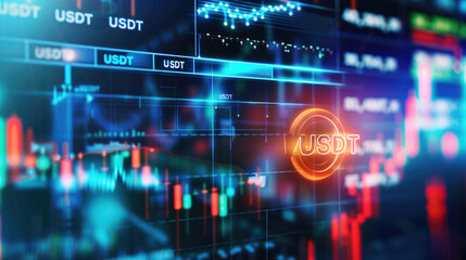 Digital representation of USDT in a graph-filled interface with data charts and trading lines. Concepts of cryptocurrency, finance, trading analysis, and economic trends.