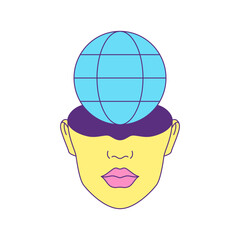 Y2k human head with globe hi tech vision contemporary pop art icon vector flat illustration. Futuristic cyber digital person meditation imagination open mind psychedelic t shirt print