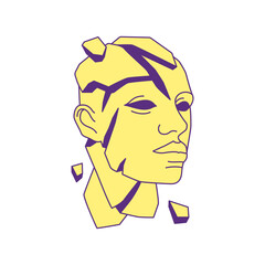 Y2k cyber man head cracked gypsum bust sculpture contemporary pop art icon vector flat illustration. Futuristic science fiction crush broken marble male monument psychedelic comic t shirt print