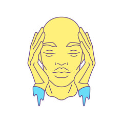 Y2k psychedelic cyber man head with melting vibrant paint hands pop art icon vector flat illustration. Science fiction futuristic male cartoon character comic contemporary artwork t shirt print