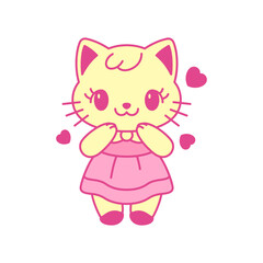 Y2k cute Kawaii kitten toy pink cat with heart love comic retro groovy icon vector flat illustration. Glamour girls feminine little kitten in dress adorable trendy t shirt print funky emoji