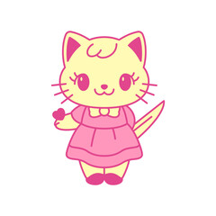 Y2k Kawaii psychedelic glam little cat with heart and knife neo gothic icon vector flat illustration. Surreal girl kitty toy killing love retro groovy contemporary pop art pink trendy t shirt print