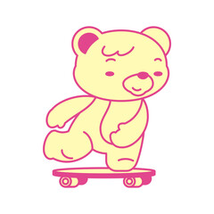 Y2k Kawaii bear toy riding on skateboard girlish retro groovy icon vector flat illustration. Psychedelic teddy funky cartoon character sport board skate rider surreal pop art t shirt print