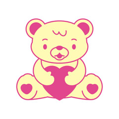 Y2k Kawaii bear toy with heart pink glamour girlish retro groovy icon vector flat illustration. Adorable cute teddy romantic love feminine comic t shirt print pop art decorative emoji emblem