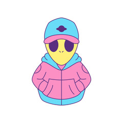 Y2k psychedelic alien UFO street style outfit contemporary pop art icon vector flat illustration. Surreal fashion male humanoid in cap and hoodie portrait vivid colors groovy t shirt print