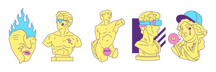 Y2k antique Greek statues busts surreal monuments pop art vector illustrations set. Psychedelic neo gothic fashion god goddess sculptures contemporary elements for stickers, prints and t-shirt designs