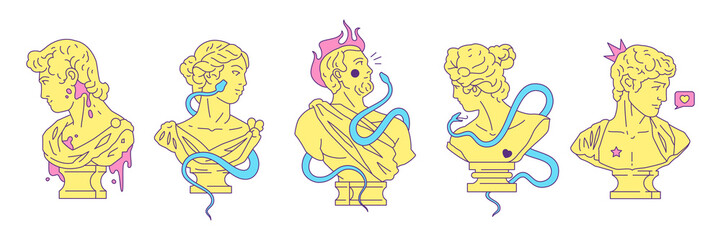 Y2k Greek god goddess gypsum busts contemporary pop art outline vector flat illustrations set. Psychedelic historical head monuments ancient statues elements for stickers, prints and t-shirt designs