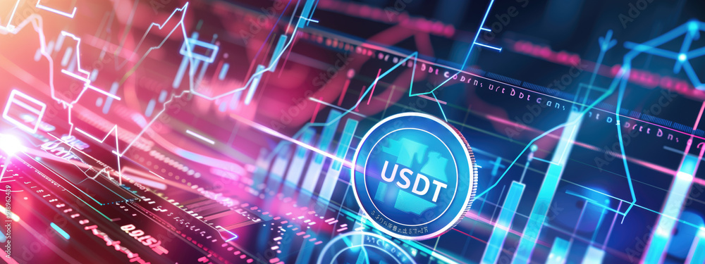 Aufkleber digital representation of usdt cryptocurrency amidst dynamic charts and graphs with glowing neon lig