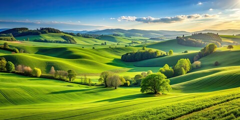 Serene landscape of lush green fields and rolling hills under a clear blue sky, nature, scenery, outdoors, countryside