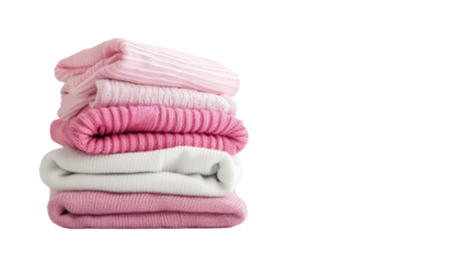 Stack of Folded Sweaters in Pink and White Colors Isolated Without Background.