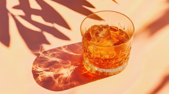 A close-up of a Sazerac cocktail with bourbon and absinthe, on a pastel backdrop, with hard shadows creating an artistic effect.