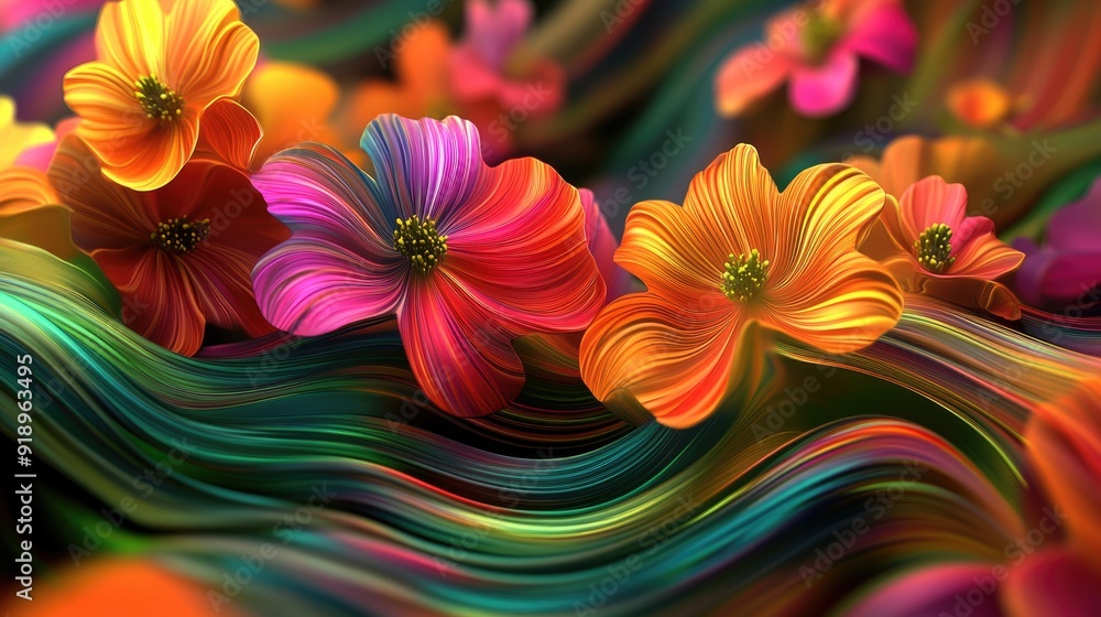 Poster bright 3d colorful flowers in undulating wave forms, creating a vibrant visual experience perfect fo