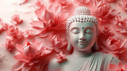 Bright 3D Buddha with vivid lotus watermark, designed for eye-catching magazine cover on white background