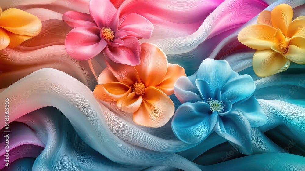 Poster bright 3d flowers in flowing multicolored wave forms, crafting a lively and dynamic artistic display