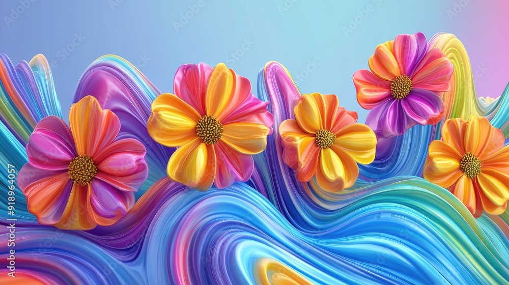 Aufkleber dynamic 3d colorful flowers in undulating wave forms, creating a vibrant visual effect perfect for a