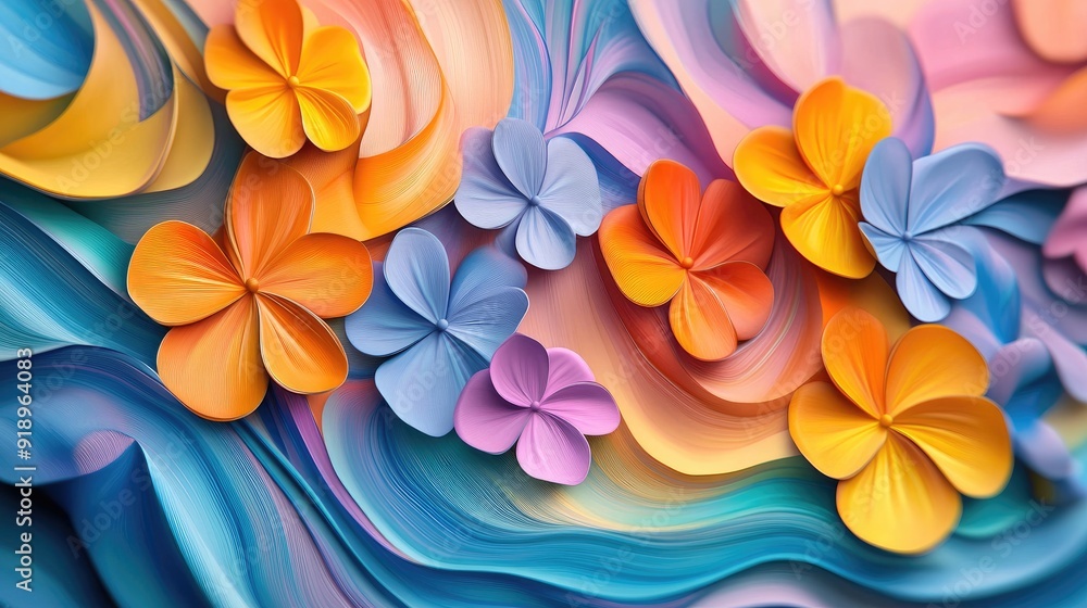 Poster dynamic 3d flowers in vibrant multicolored waves, creating a mesmerizing and lively artistic visual 