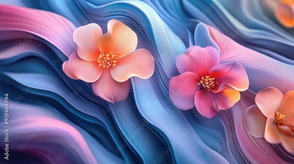 Poster dynamic 3d flowers in vibrant multicolored waves, creating a mesmerizing and lively artistic visual 