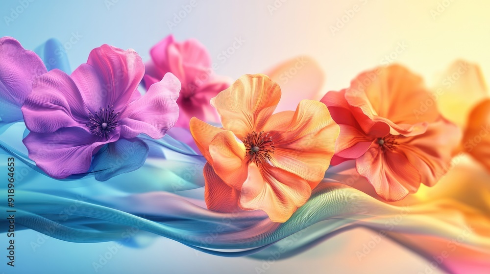 Poster flowing 3d colorful flowers in bright multicolored wave forms, crafting a dynamic and artistic visua