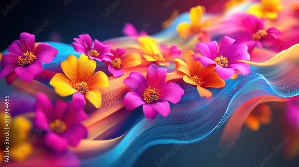 Poster flowing 3d colorful flowers in bright multicolored wave forms, crafting a dynamic and artistic visua