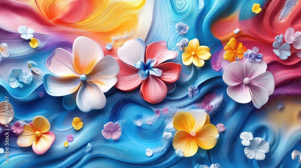 Poster flowing 3d colorful flowers in bright multicolored wave forms, crafting a dynamic and artistic visua
