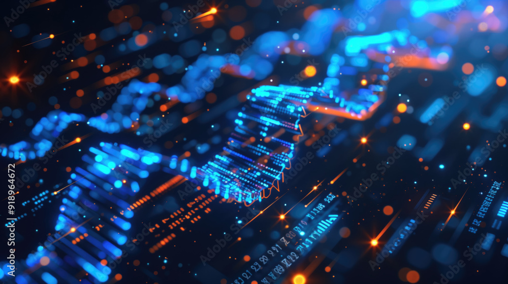 Poster futuristic digital rendering of dna sequence glowing in blue and orange particles. concepts of biote