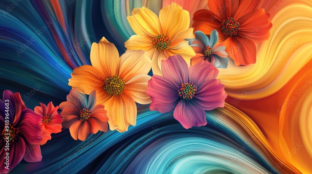 Aufkleber flowing 3d colorful flowers in undulating multicolored wave forms, crafting a vivid and energetic ar
