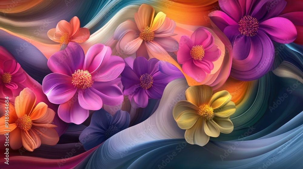 Poster flowing 3d colorful flowers in bright multicolored wave forms, crafting a dynamic and artistic visua
