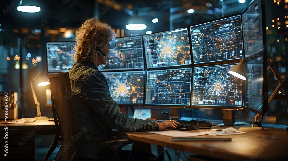 Poster professional analyst monitoring data across multiple screens in a modern control room at night