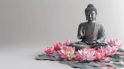 Elegant 3D Thai Buddha with colorful lotus, creating a serene and beautiful composition on white