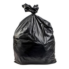 Isolated Black Trash Bag with Tied Top, No Background Present.