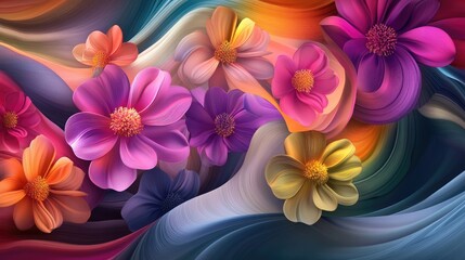 Flowing 3D colorful flowers in bright multicolored wave forms, crafting a dynamic and artistic visual effect