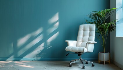 Modern Office Interior with White Chair and Palm Plant