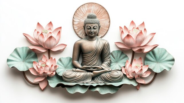 Stunning 3D Thai Buddha and radiant lotus, ideal for a serene and vibrant composition on white background