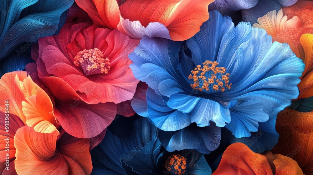 Poster vibrant 3d flowers in dynamic wave forms, creating a vivid and lively visual experience perfect for 