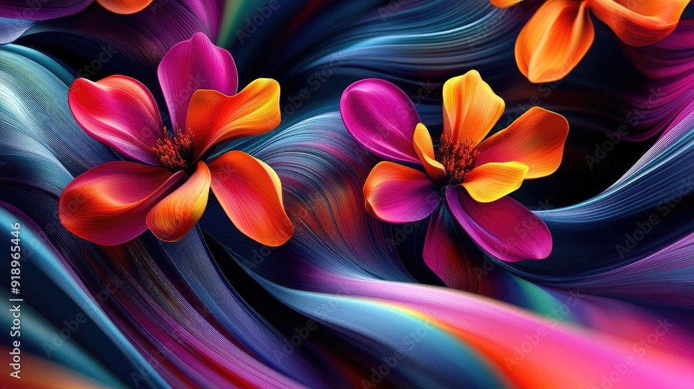 Poster vibrant 3d flowers in dynamic wave forms, creating a vivid and lively visual experience perfect for 