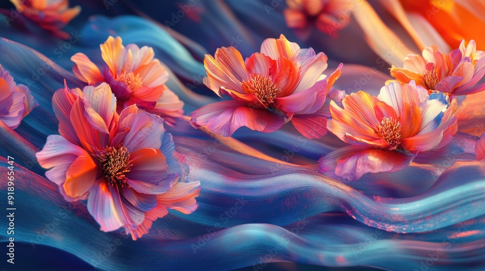 Poster vibrant 3d flowers in dynamic wave forms, creating a vivid and lively visual experience perfect for 
