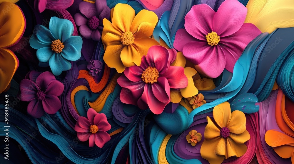 Poster vibrant 3d flowers in dynamic wave forms, creating a vivid and lively visual experience perfect for 