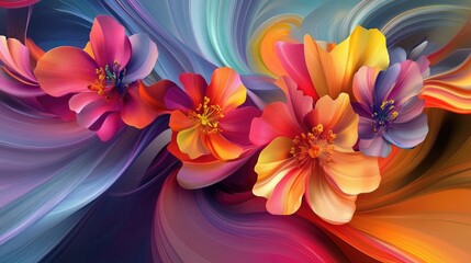 Vibrant 3D flowers in dynamic multicolored wave forms, blending colors and movement into a lively artistic composition