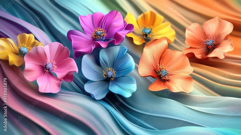Poster vivid 3d flowers in flowing multicolored waves, blending colors into a dynamic and vibrant artistic 