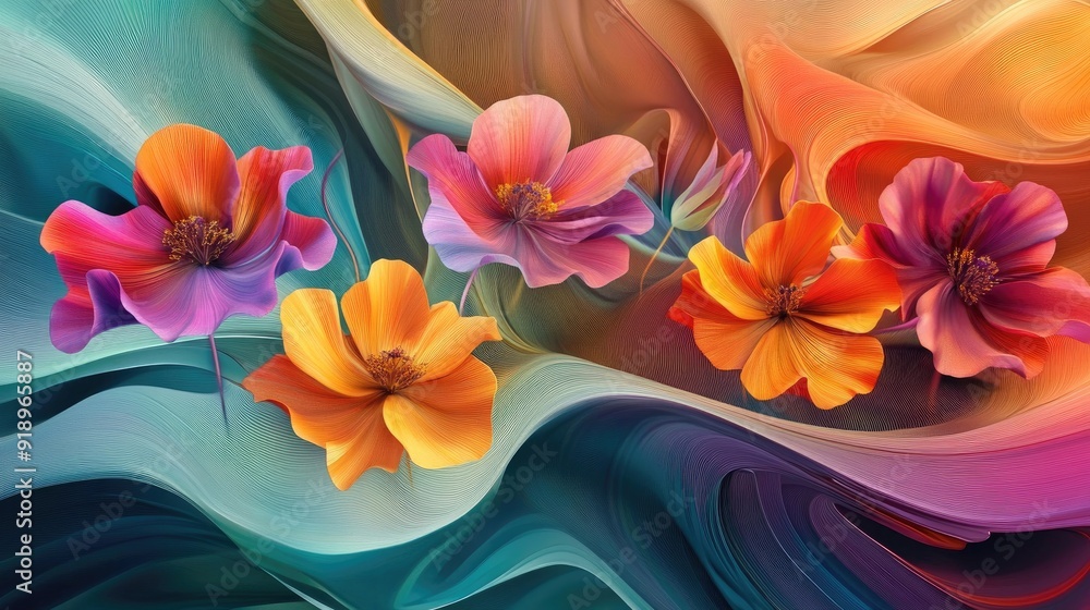 Poster vivid 3d flowers in flowing multicolored waves, blending colors into a dynamic and vibrant artistic 