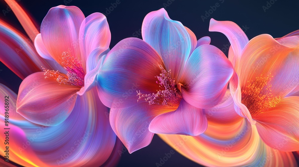 Poster vivid 3d flowers in flowing wave forms of multicolored hues, creating a dynamic and lively visual ex